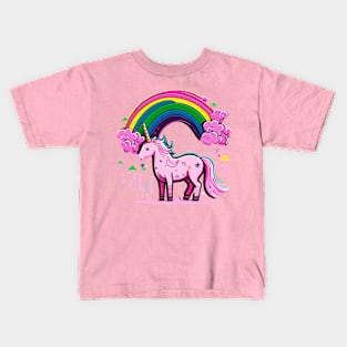 Pink cute unicorn in rainbow Kids T-Shirt